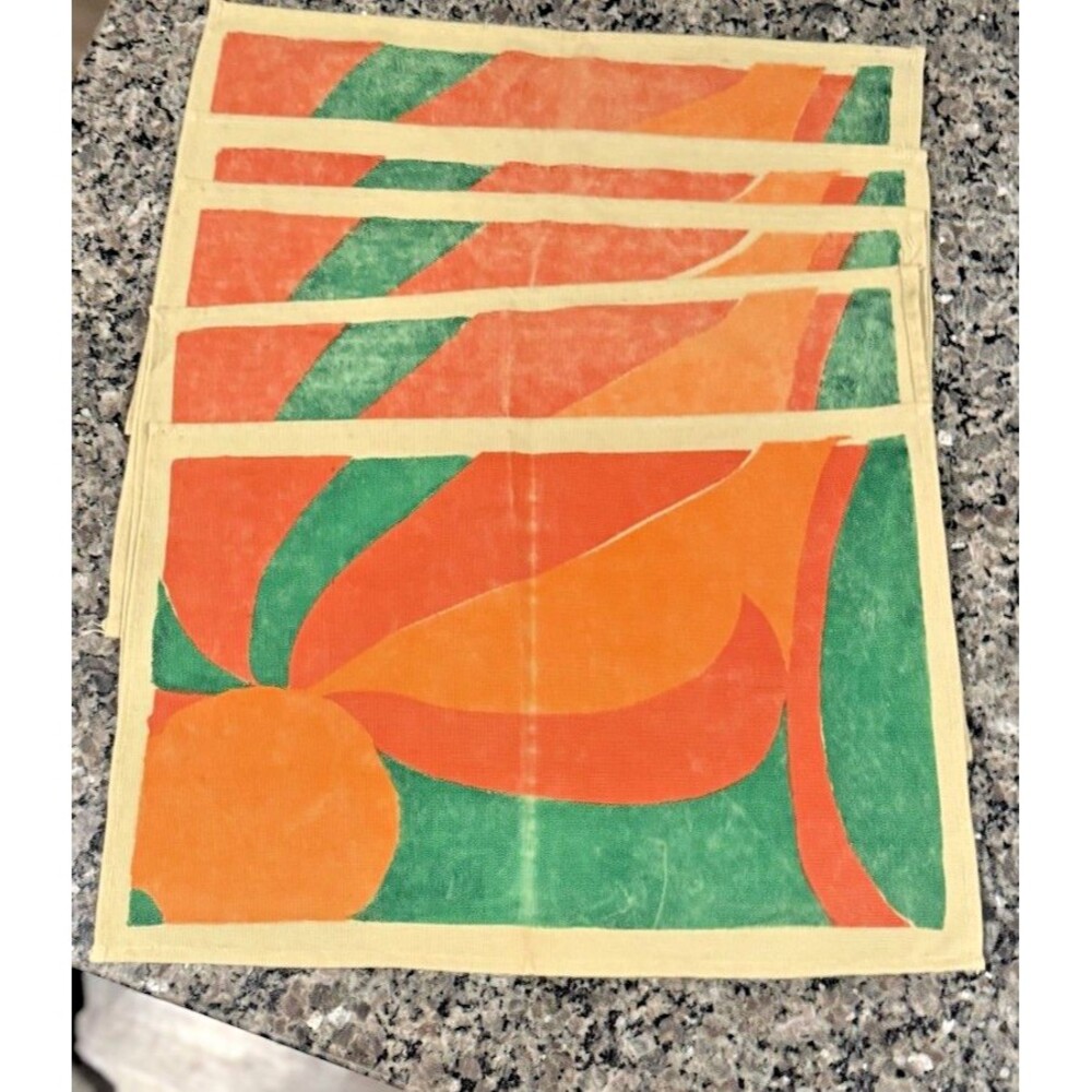 Vintage Woven Tapestry Placemats Set of 5 Abstract Bold Orange Green Retro Deco